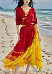 Beautiful Red Asymmetrical Ruffled Patchwork Chiffon Dress Summer