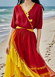 Beautiful Red Asymmetrical Ruffled Patchwork Chiffon Dress Summer