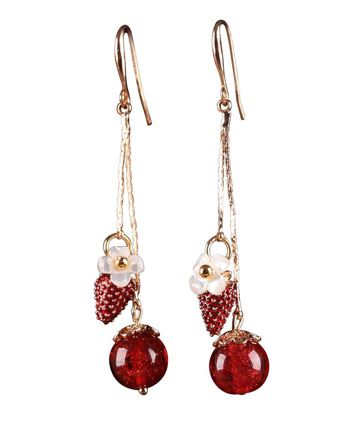 Beautiful Red Copper Cloisonne Cloured Glaze Strawberry Shell Flower Drop Earrings