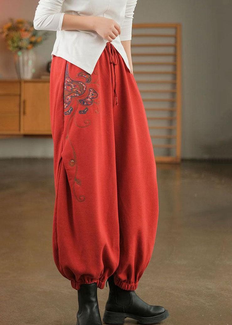 Beautiful Red Elastic Waist Embroideried Warm Fleece Beam Pants Winter