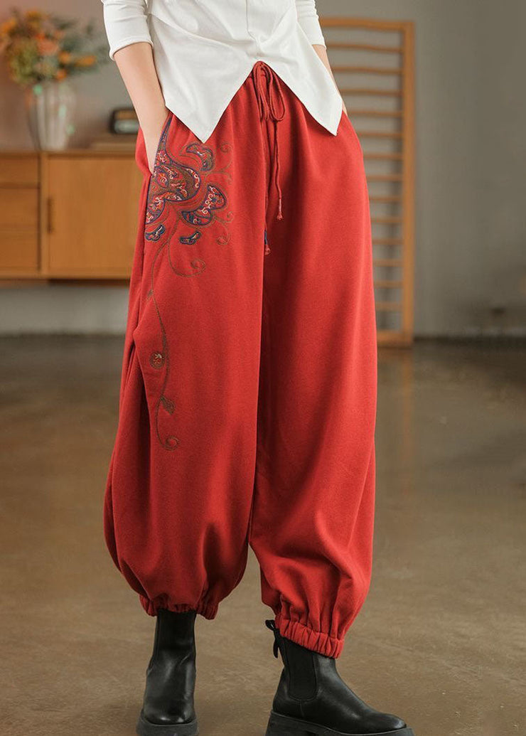 Beautiful Red Elastic Waist Embroideried Warm Fleece Beam Pants Winter