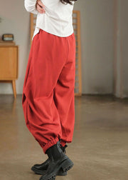 Beautiful Red Elastic Waist Embroideried Warm Fleece Beam Pants Winter