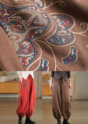 Beautiful Red Elastic Waist Embroideried Warm Fleece Beam Pants Winter