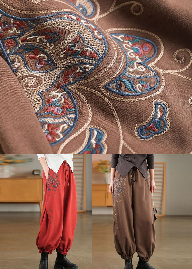 Beautiful Red Elastic Waist Embroideried Warm Fleece Beam Pants Winter