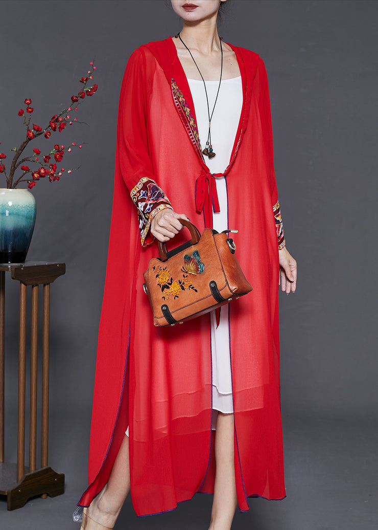 Beautiful Red Embroidered Side Open Chiffon Hooded Cardigan Summer