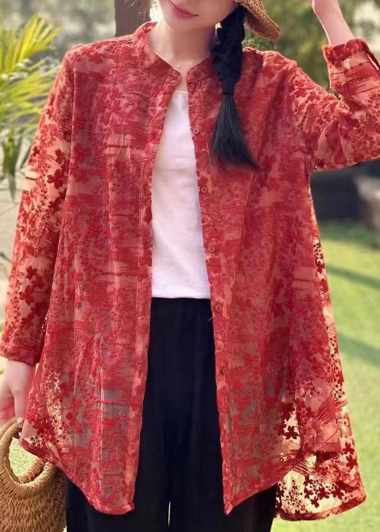 Beautiful Red Embroidered Button Patchwork Lace Shirt Fall