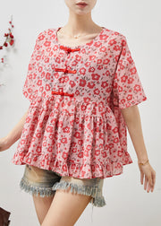 Beautiful Red Floral Cotton Blouses Chinese Button Summer