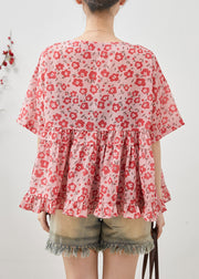 Beautiful Red Floral Cotton Blouses Chinese Button Summer