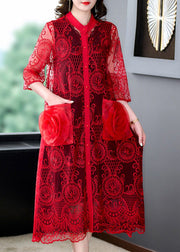 Beautiful Red Floral Hollow Out Solid Tulle Long Coat Half Sleeve