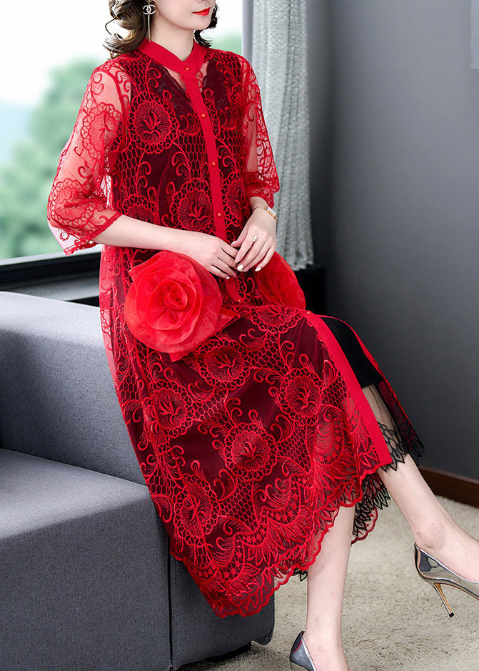 Beautiful Red Floral Hollow Out Solid Tulle Long Coat Half Sleeve