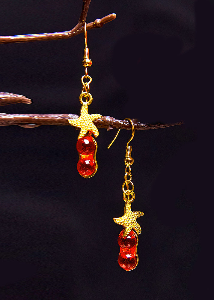 Beautiful Red Gem Stone Starfish 14K Gold Drop Earrings