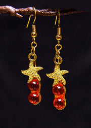 Beautiful Red Gem Stone Starfish 14K Gold Drop Earrings