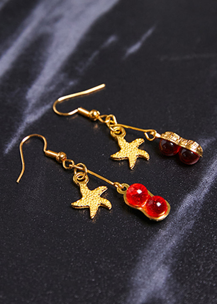 Beautiful Red Gem Stone Starfish 14K Gold Drop Earrings