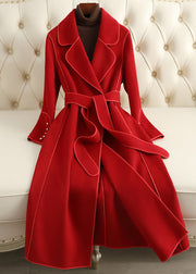 Beautiful Red Notched Tie Waist Woolen Long Coats Fall