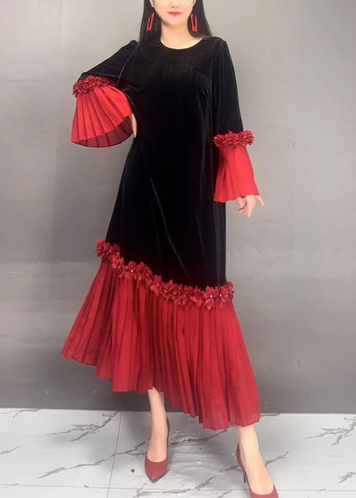 Beautiful Red O Neck Chiffon Patchwork Velvet Dresses Flare Sleeve