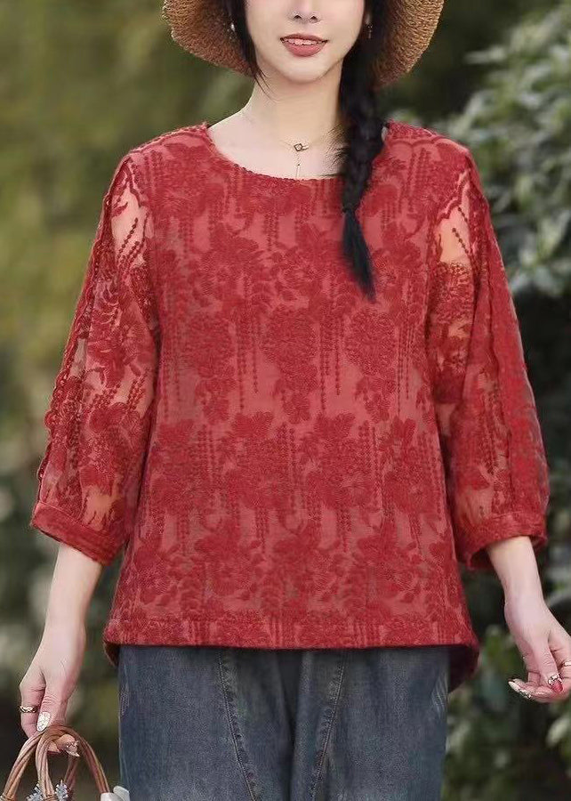 Beautiful Red O Neck Embroidered Lace T Shirt Tops Fall