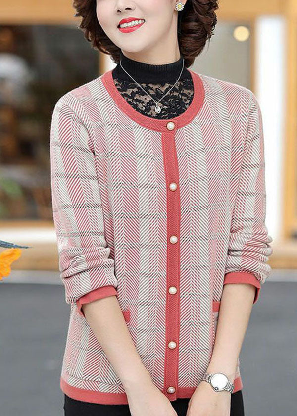 Beautiful Red O-Neck Pockets Plaid Knit Coat Long Sleeve