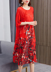 Beautiful Red O Neck Print Chinese Button Patchwork Chiffon Dress Summer