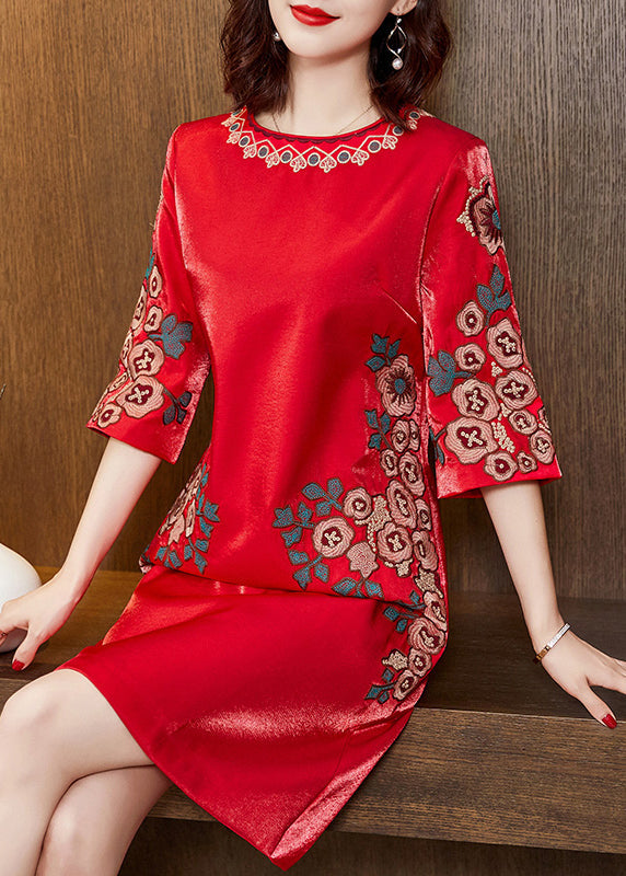 Beautiful Red O-Neck Print Silk Mid Dress Half Sleeve