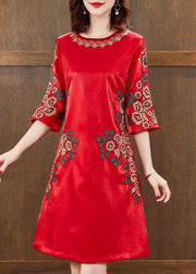 Beautiful Red O-Neck Print Silk Mid Dress Half Sleeve