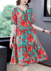 Beautiful Red O-Neck Print Silk Party Dress Summer