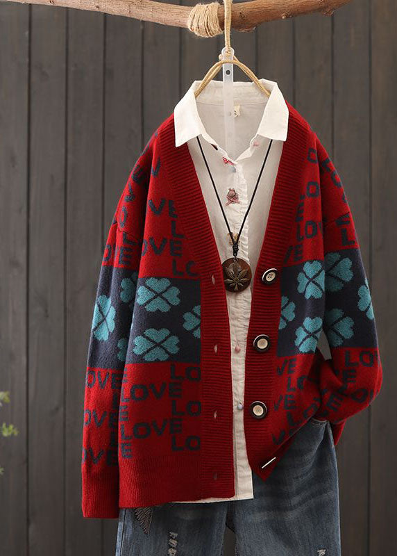 Beautiful Red Oversized Patchwork Letter Print Knit Cardigans Winter