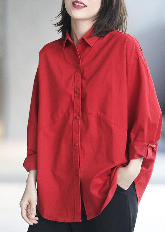 Beautiful Red Peter Pan Collar Patchwork Cotton Shirts Fall