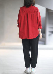 Beautiful Red Peter Pan Collar Patchwork Cotton Shirts Fall