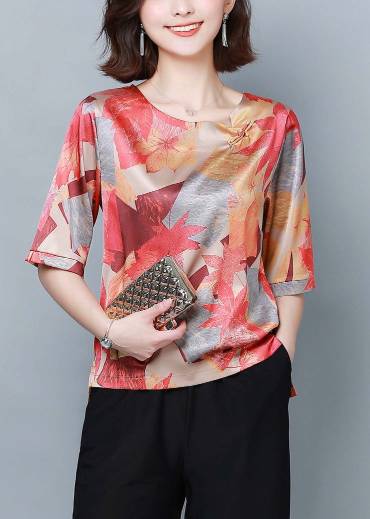 Beautiful Red Print Oversized Low High Design Silk Top Summer