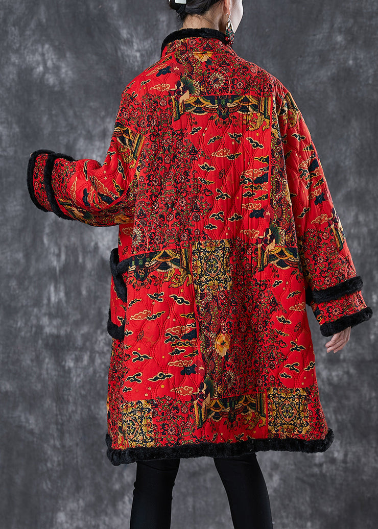 Beautiful Red Print Patchwork Warm Fleece Trench Winter