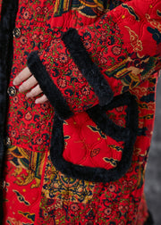 Beautiful Red Print Patchwork Warm Fleece Trench Winter