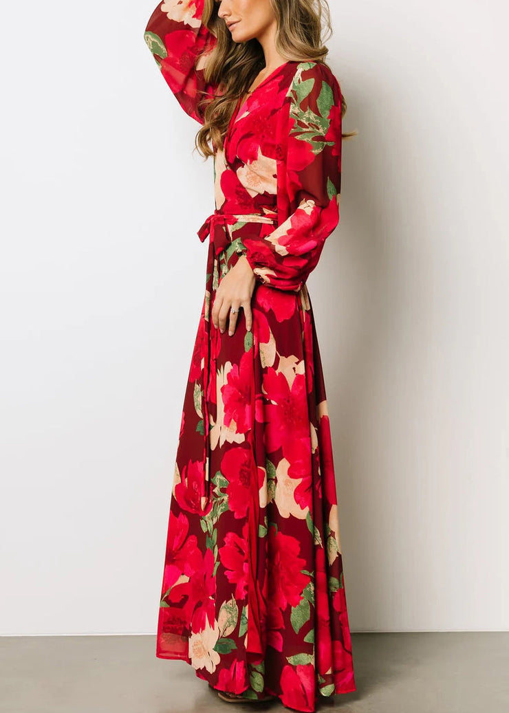 Beautiful Red Print Side Open Cotton Maxi Dresses Fall