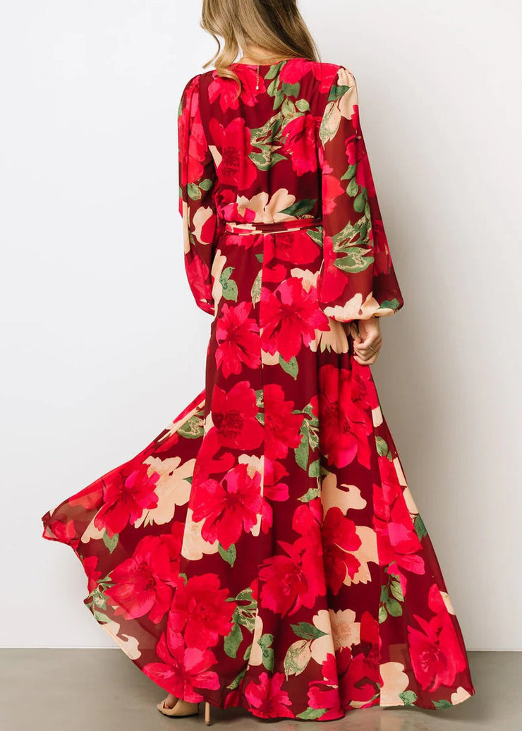 Beautiful Red Print Side Open Cotton Maxi Dresses Fall