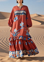 Beautiful Red Ruffled Patchwork Print Cotton Holiday Dress Fall