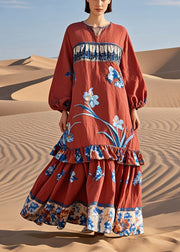 Beautiful Red Ruffled Patchwork Print Cotton Holiday Dress Fall