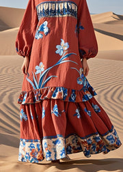 Beautiful Red Ruffled Patchwork Print Cotton Holiday Dress Fall