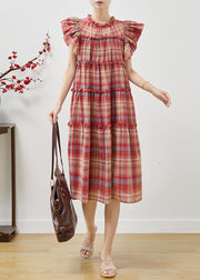 Beautiful Red Ruffled Plaid Cotton Dresses Butterfly Sleeve