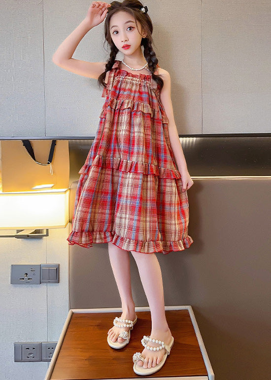 Beautiful Red Slash Neck Ruffled Plaid Patchwork Girls Slip Long Dress Summer