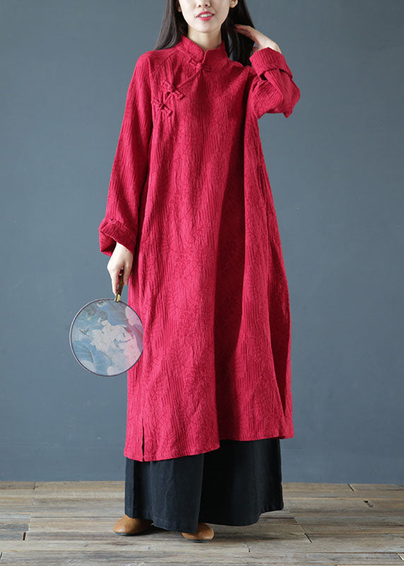 Beautiful Red Stand Collar Jacquard Wrinkled Cotton Dress Cheongsam Spring