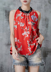 Beautiful Red Stand Collar Print Tops Sleeveless