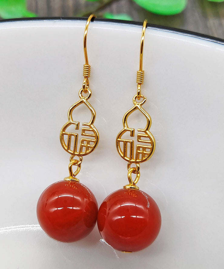 Beautiful Red Sterling Silver Overgild Agate Graphic Drop Earrings