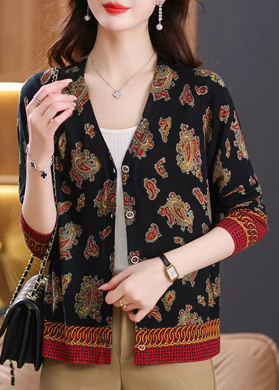 Beautiful Red V Neck Button Print Wool Knit Cardigan Spring