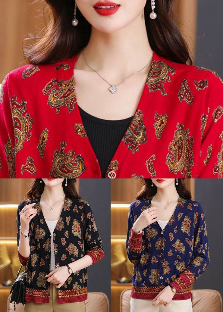 Beautiful Red V Neck Button Print Wool Knit Cardigan Spring