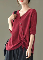 Beautiful Red V Neck Drawstring Patchwork Knitting Top Fall