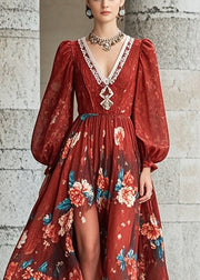 Beautiful Red V Neck Floral Chiffon Dresses Fall