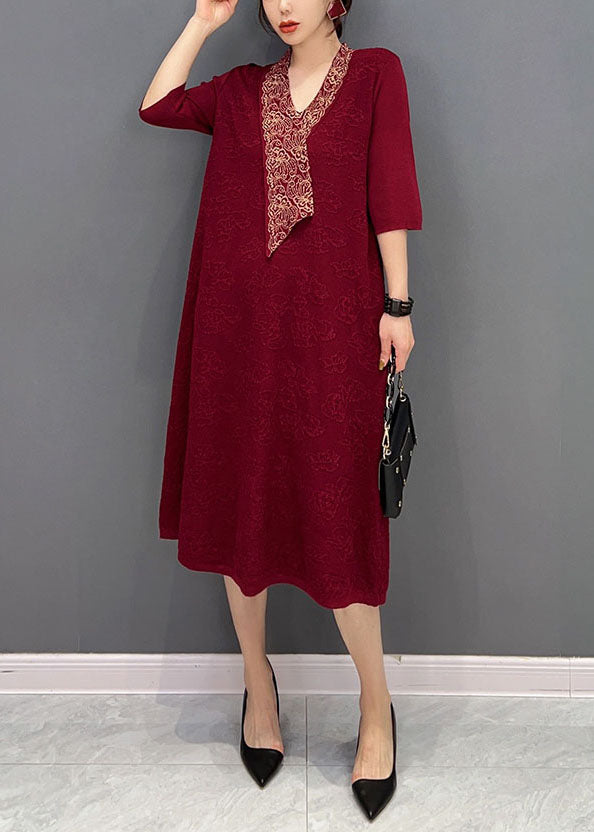 Beautiful Red V Neck Jacquard Slim Fit Cotton Holiday Dress Half Sleeve