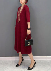 Beautiful Red V Neck Jacquard Slim Fit Cotton Holiday Dress Half Sleeve