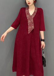 Beautiful Red V Neck Jacquard Slim Fit Cotton Holiday Dress Half Sleeve