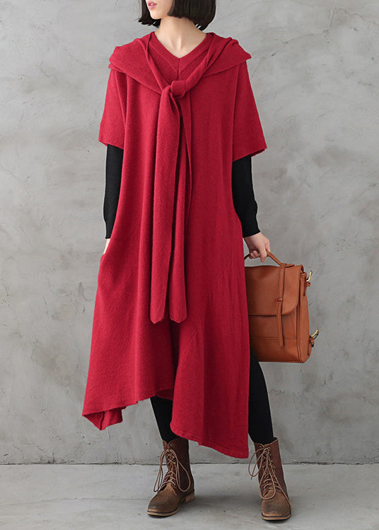 Beautiful Red V Neck Side Open Cashmere Knit Holiday Sweater Dress Fall