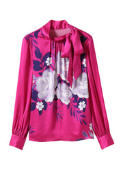 Beautiful Rose Bow Print Silk Shirts Bottoming Shirt